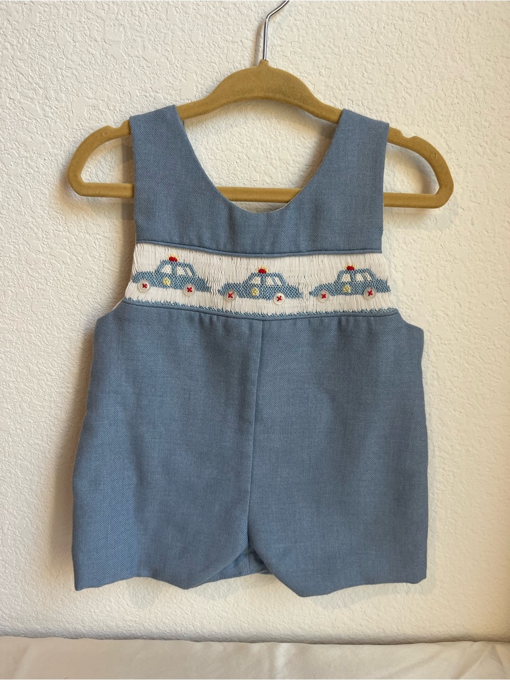 Vintage House of Hatten Blue Boys Smocked Police Car Romper